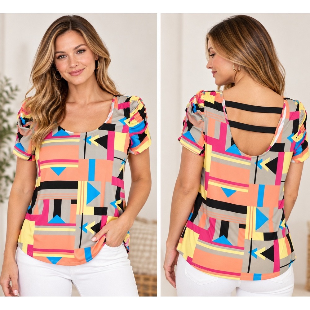 Robert Louis Geometric Print Open Back Short Sleeve Top Women's Size M